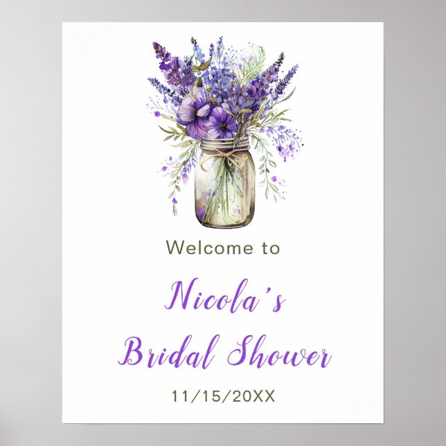 Lavender Mason Jar Bridal Shower Welcome Poster (Front)