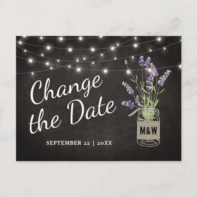 Lavender Mason Jar Wedding Change the Date Announcement Postcard (Front)