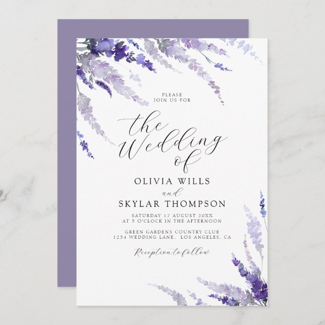 Lavender Mauve Dusty Purple Lilac Floral Wedding Invitation (Front/Back)