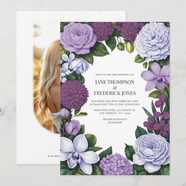 Lavender, Mauve & Plum Floral Wedding Invitation (Front/Back)