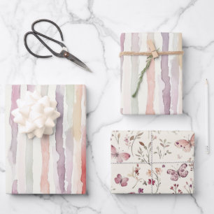 Lavender Melon Pink White Stripes Birthday Wrapping Paper Sheet