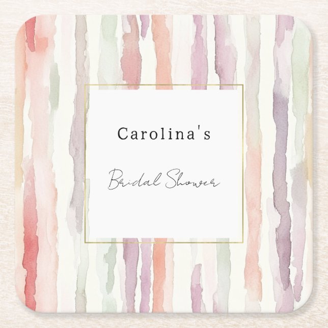 Lavender Melon Pink White Stripes Bridal Shower Square Paper Coaster (Front)