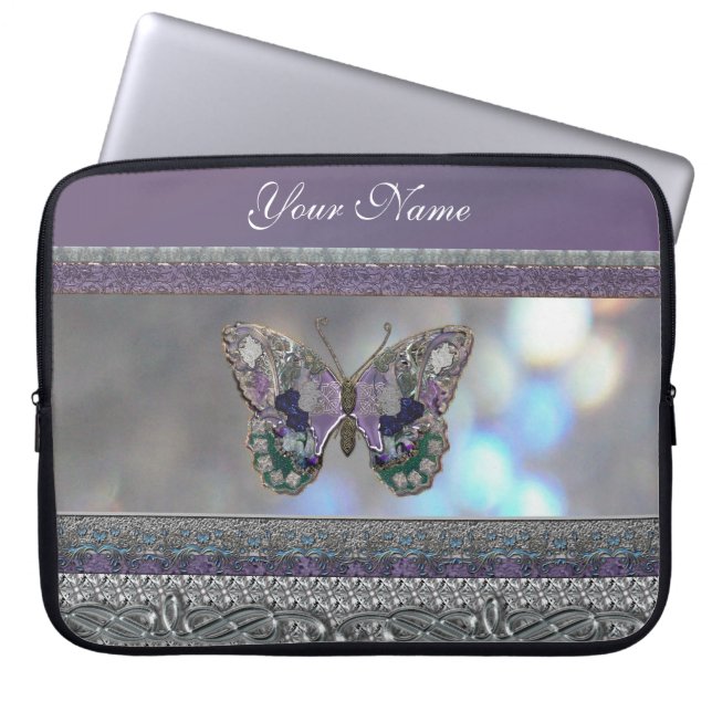 Lavender Metallic Glitter Butterfly Laptop Sleeve (Front)