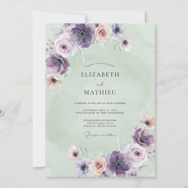 Lavender Mint Anemone Wedding Invitation (Front)
