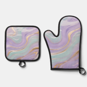Lavender Mint Gold Marble Swirl Oven Mitt & Pot Holder Set