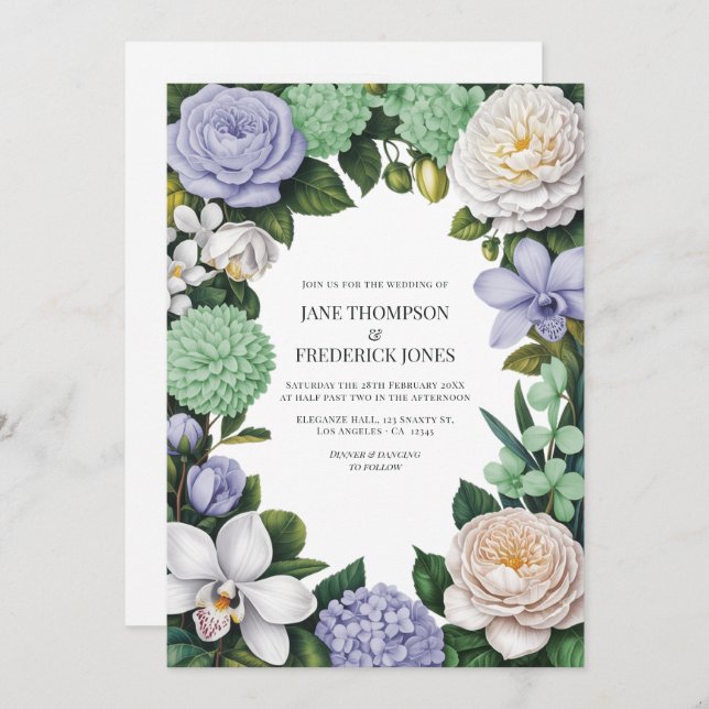 Lavender, Mint Green & White Floral Wedding Invitation (Front/Back)