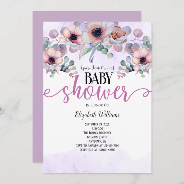 Lavender Mint Pink Flowers Baby Shower Invitation (Front/Back)