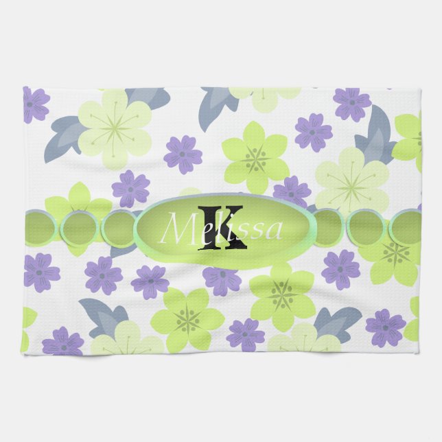 Lavender Mint Spring Flowers Monogram Tea Towel (Horizontal)