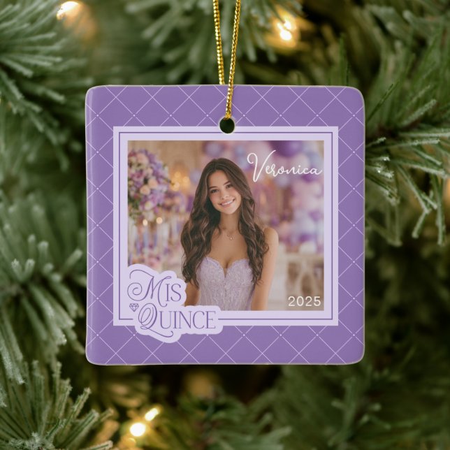 Lavender Mis Quince Photo Quinceanera Keepsake Ceramic Ornament (Tree)