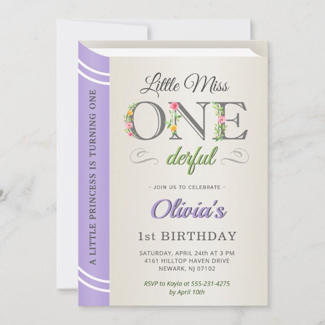 Lavender Miss Onederful Girl 1st First Birthday Invitation (Front)