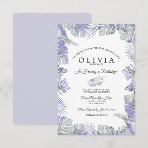 Lavender Mist Watercolor Tropical Leaves Birthday Invitation