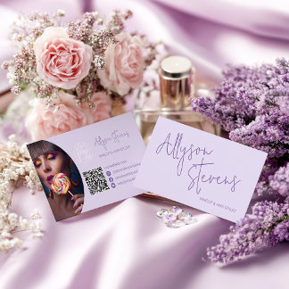 Lavender Modern name script makeup hair logo qr Business Card