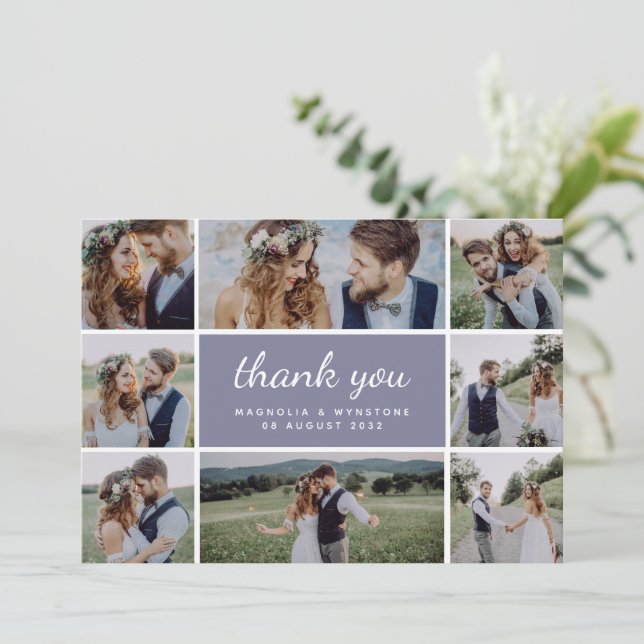 Lavender Modern Photo Collage Wedding  Thank You Card (Standing Front)