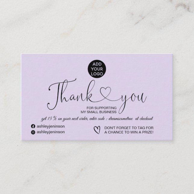 Lavender modern simple logo order thank you business card (Front)