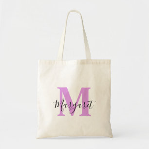 Lavender Monogram Black Script Name Tote Bag