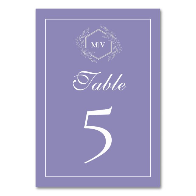 Lavender Monogram Crest Table Number Card (Front)
