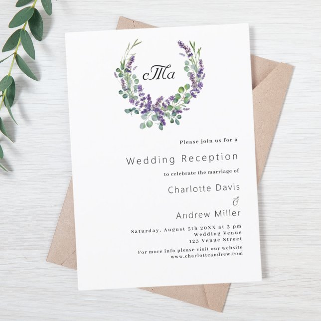 Lavender monogram crest violet wedding reception invitation (Creator Uploaded)
