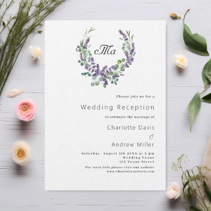 Lavender monogram violet luxury wedding reception invitation