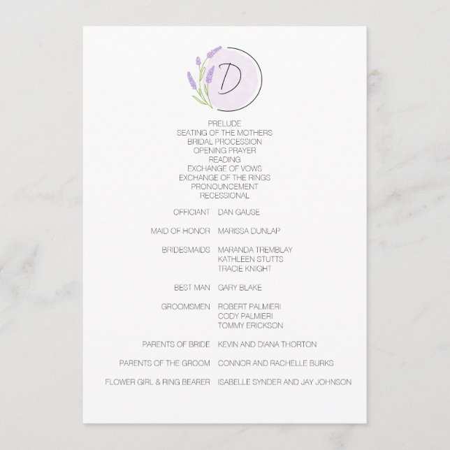 Lavender Monogram Wedding Program (Front)