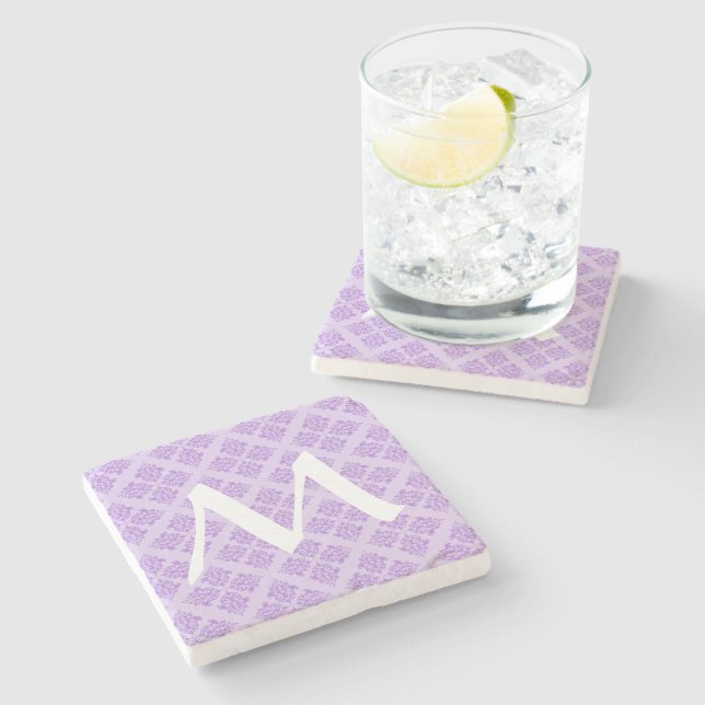 Lavender Moroccan Damask with Monogram Stone Coaster (Side)