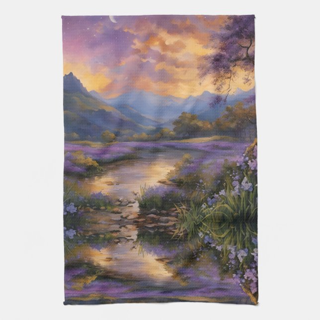 Lavender Mountain Valley at Dawn Tea Towel (Vertical)