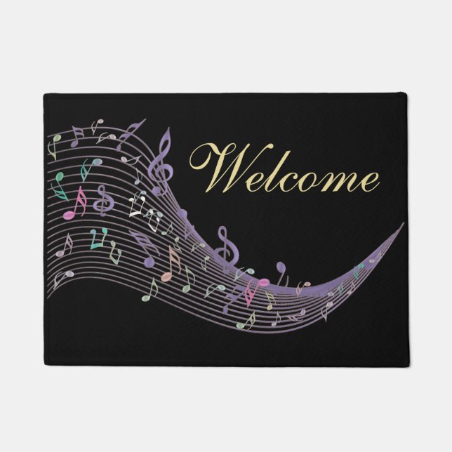 Lavender Music Notes Design Black Welcome Mat (Front)