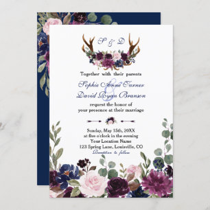 Lavender Navy Blue Floral Bloom Antlers Wedding Invitation