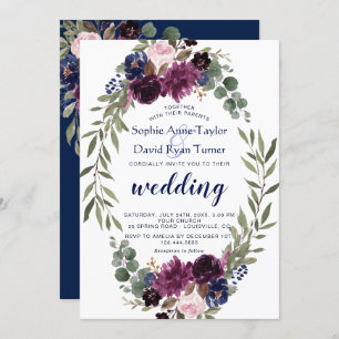 Lavender Navy Blue Floral Bloom Wedding Invitation