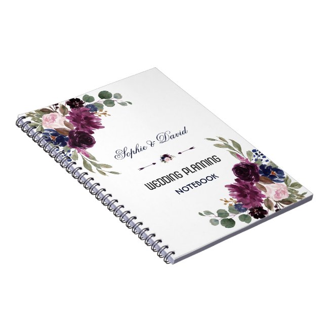 Lavender Navy Blue Floral Bloom Wedding Planner Notebook (Right Side)