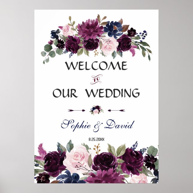 Lavender Navy Blue Floral Bloom Wedding Sign (Front)