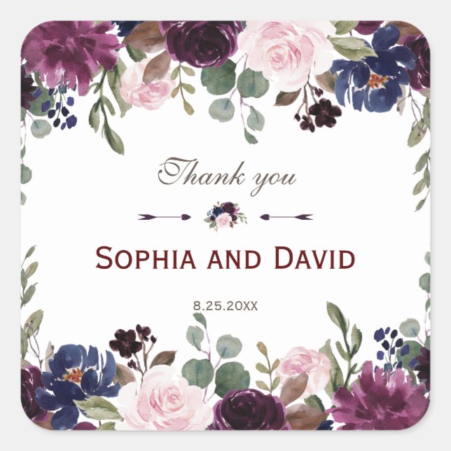 Lavender Navy Blue Floral Bloom Wedding Square Sticker (Front)