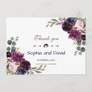 Lavender Navy Blue Floral Bloom Wedding Thank you Card