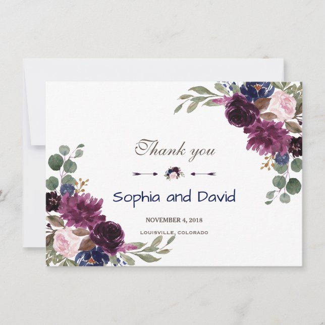 Lavender Navy Blue Floral Bloom Wedding Thank you Card (Front)