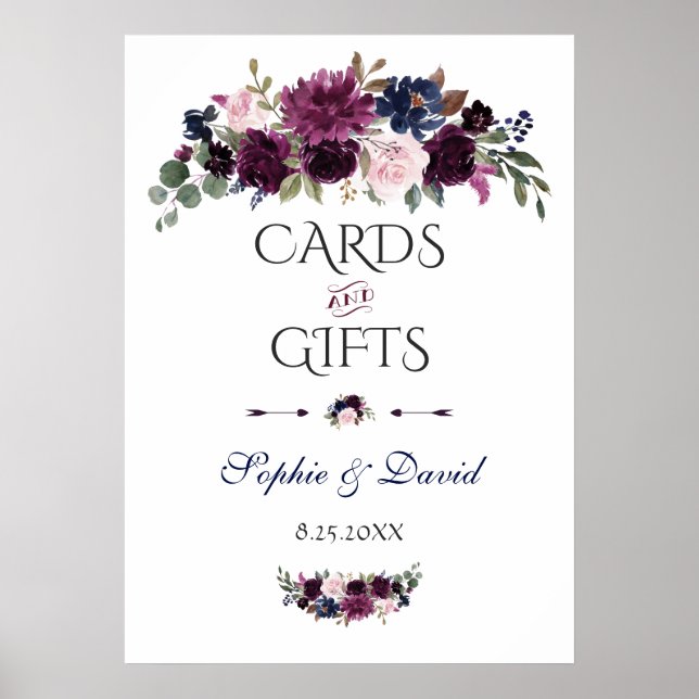 Lavender Navy Blue Floral Cards & Gifts Wedding Poster (Front)