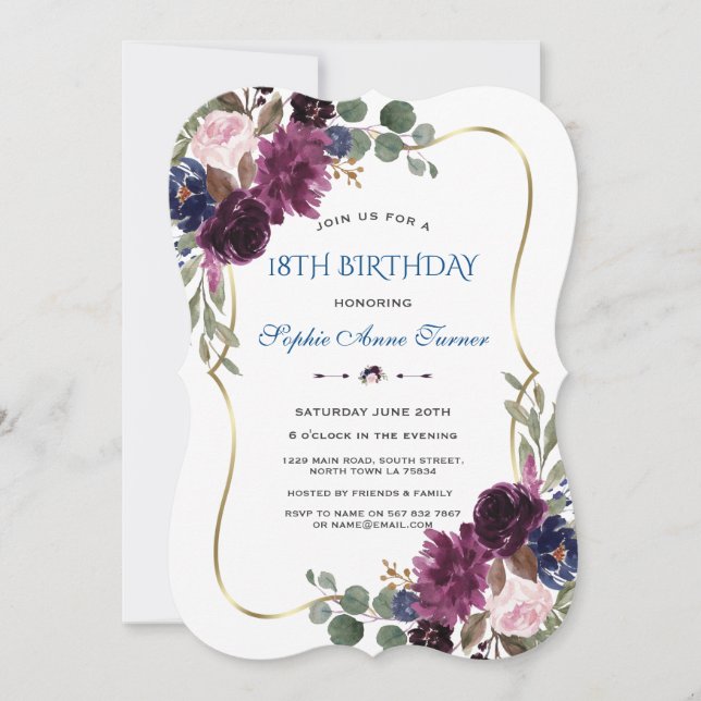 Lavender Navy Gold Floral Bloom 18th Birthday Invitation (Front)