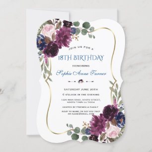 Lavender Navy Gold Floral Bloom 18th Birthday Invitation