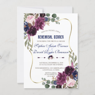 Lavender Navy Gold Floral Bloom Rehearsal Dinner Invitation