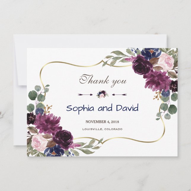 Lavender Navy Gold Floral Bloom Wedding Thank you Card (Front)