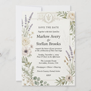 Lavender, Olive Branches, White Roses, Anemones, E Invitation
