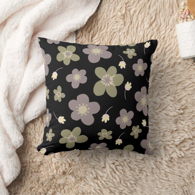 Lavender & Olive Green Buttercups on Black  Cushion (Blanket)