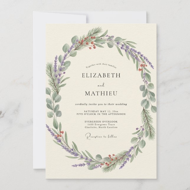 Lavender Olive Wreath Wedding Invitation (Front)