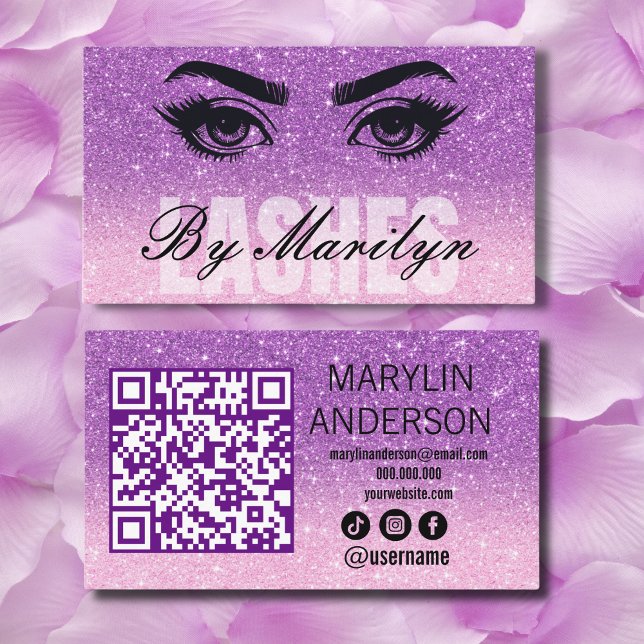 Lavender Ombre Glitter Lash Technician QR Code Business Card (Creator Uploaded)