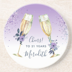 Lavender Ombre Teal Champagne Toast 21st Birthday Coaster
