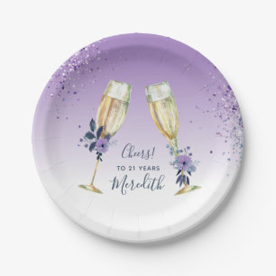 Lavender Ombre Teal Champagne Toast 21st Birthday Paper Plate