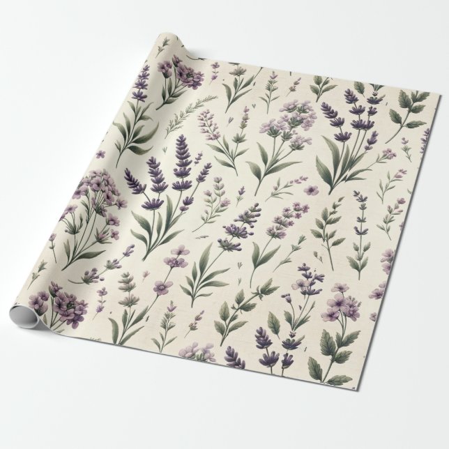 Lavender on Cream Vintage Wrapping Paper Roll (Unrolled)