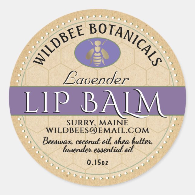 Lavender on Kraft Beeswax Lip Balm Dotted Border Classic Round Sticker (Front)