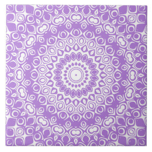 Lavender on White Mandala Kaleidoscope Medallion Ceramic Tile