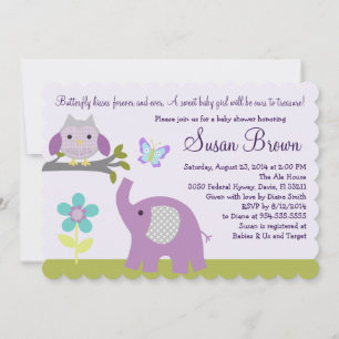 Lavender Owl Elephant Butterfly Baby Shower Invite