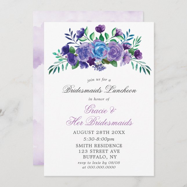 Lavender Paint Floral Bridesmaids Luncheon Invites (Front/Back)