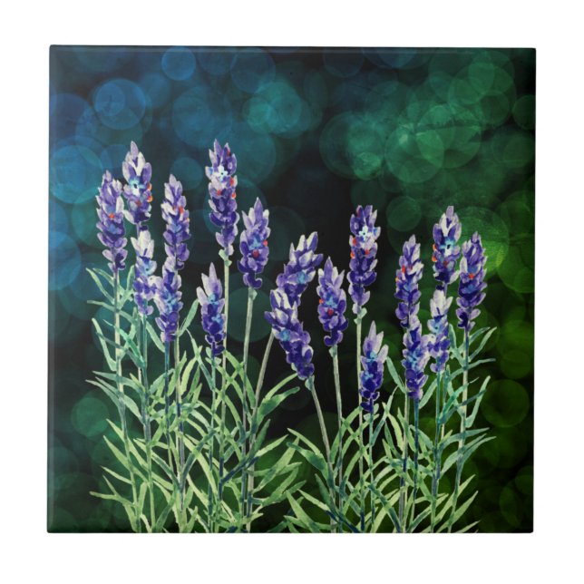 Lavender painted with watercolors ceramic tile (Front)